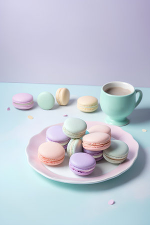 Colorful macaroons and cup of coffee on pastel backgroundの素材