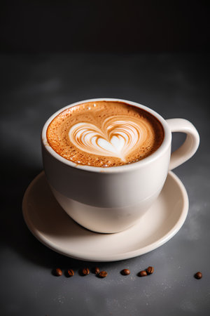Cup of cappuccino with latte art on dark backgroundの素材