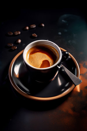 Coffee cup and coffee beans on dark background. Close up.の素材