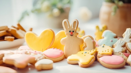 Easter cookies and gingerbread in the shape of a rabbit on a white backgroundの素材