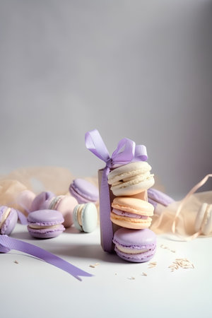 Macaroons with purple ribbon on white background. Selective focus.の素材