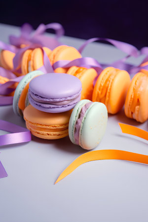 Colorful macaroons with ribbons on a gray background.の素材