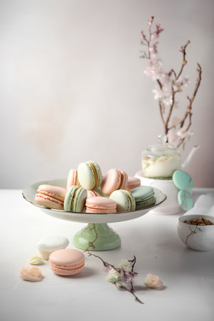 Pastel macaroons on a white background. Macarons in pastel colors.の素材