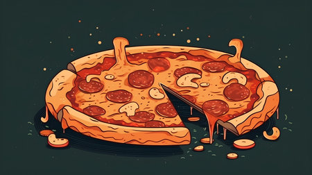 Illustration of a pizza with cheese, salami and pepperoniの素材