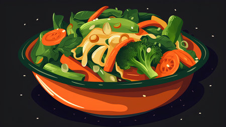 Vegetable salad in a bowl. Vector illustration on dark background.の素材