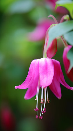 Beautiful pink fuchsia flowers in the garden, stock photoの素材