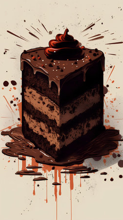 Vector illustration of chocolate cake on a grunge background with splashesの素材