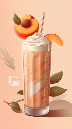 Peach smoothie in a tall glass with a straw. Vector illustration.の素材