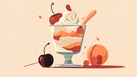 Vector illustration of cherry dessert in a glass with ice cream and spoonの素材