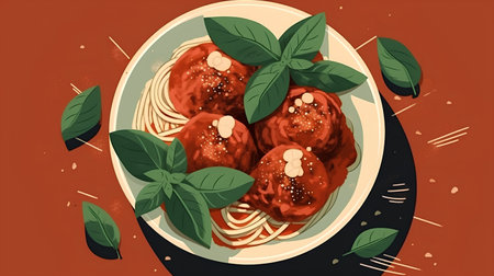 Illustration of a plate of spaghetti and meatballs with basil leavesの素材