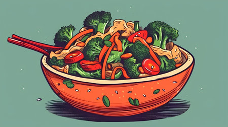 Illustration of a bowl of vegetable salad with broccoli and tomato.の素材
