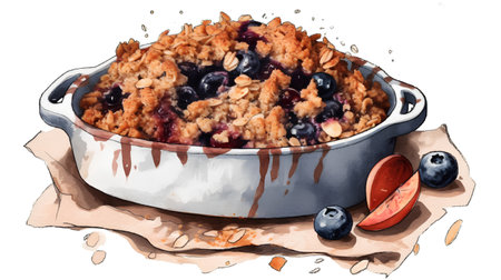 Watercolor illustration of a homemade blueberry crumble pie in a baking dishの素材