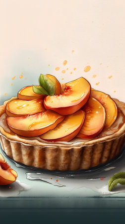 Tart with peaches on a light background. Watercolor illustration.の素材