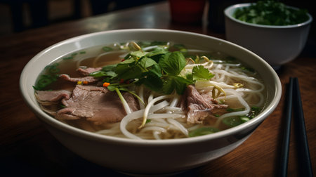 Vietnamese noodle soup with beef and vegetables on wooden tableの素材