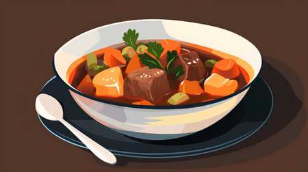 Beef stew with carrot and parsley in a bowl. Vector illustrationの素材