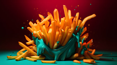 french fries with green sauce on a dark background. 3d renderingの素材