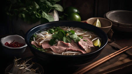 Vietnamese pho soup with beef, rice noodles and vegetablesの素材