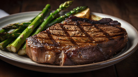 Grilled beef steak with asparagus and potatoes on wooden tableの素材