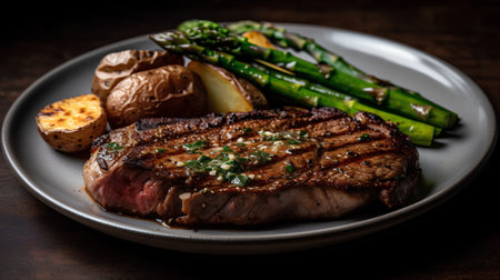 Grilled beef steak with asparagus and potatoes on a plateの素材