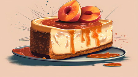 Illustration of a piece of cheesecake with apricot and syrupの素材