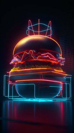 3d rendering of a hamburger with neon lights on a black backgroundの素材