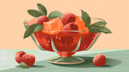 Ice cream in a glass bowl with strawberries and mint leaves. Vector illustration.の素材
