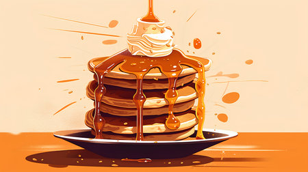 Pancakes with ice cream and caramel syrup. Vector illustration.の素材
