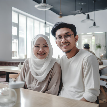 Hijab couple smiling at camera while sitting in a coffee shopの素材