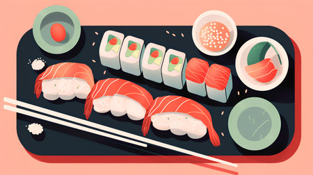 Sushi set. Japanese food. Vector illustration in flat style.の素材