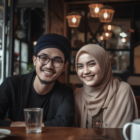 Portrait of young muslim couple sitting in cafe and smiling.の素材