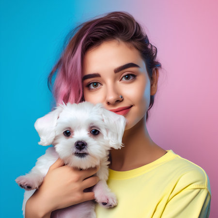 Portrait of a beautiful young woman with a Maltese puppy on a blue background.の素材