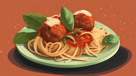 Spaghetti pasta with meatballs and tomato sauce, vector illustration.の素材