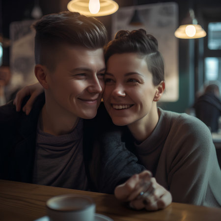 Portrait of a young romantic couple sitting in a cafe and smilingの素材