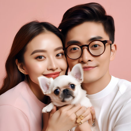 happy young asian couple with chihuahua dog at studioの素材