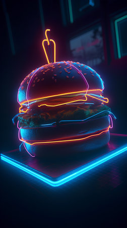 Hamburger in neon light. Fast food. 3d renderingの素材