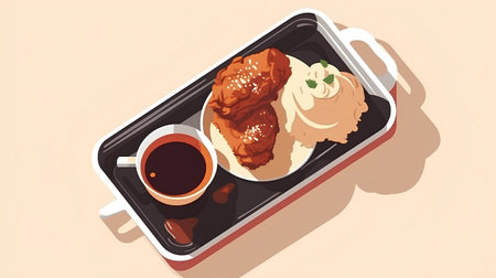 Cup of coffee with ice cream and cake on a tray. Vector illustration.の素材