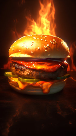 Cheeseburger with tomato sauce on a dark background with fireの素材