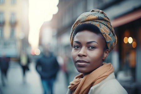 Portrait of a beautiful african american woman in the cityの素材