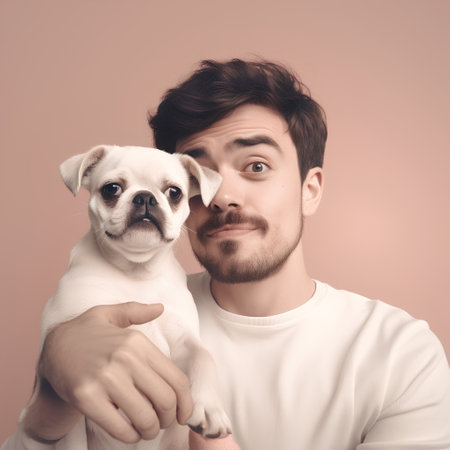 Young man with a cute dog. Studio shot over pink background.の素材