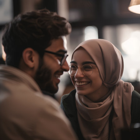 Portrait of happy young muslim couple looking at each other in cafeの素材