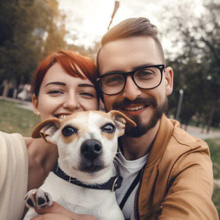 Young couple taking selfie with their dog in the park. Focus on dogの素材
