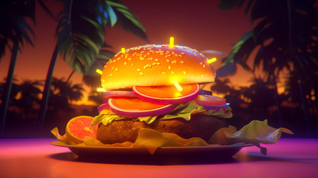 Hamburger with a burning candle on the background of palm treesの素材