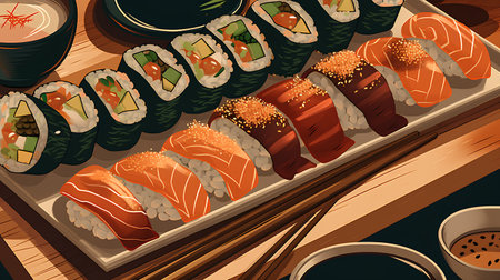 Sushi and rolls on a wooden table. Vector illustration in cartoon styleの素材