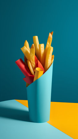 french fries in paper box on blue and yellow background, fast food conceptの素材