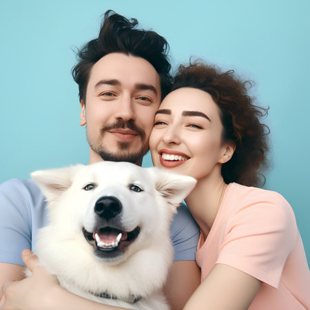 Portrait of happy young couple with white dog over blue background.の素材