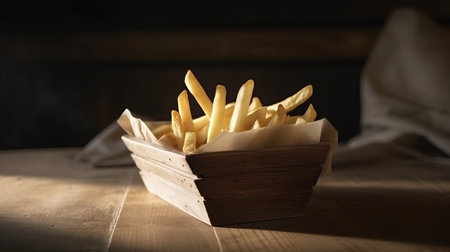 French fries in a basket on a wooden background. Selective focus.の素材