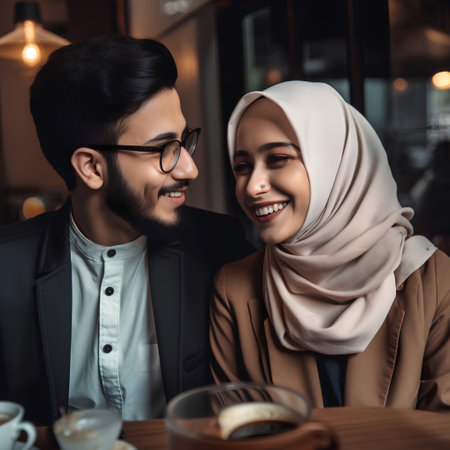 portrait of happy muslim couple looking at each other in cafeの素材