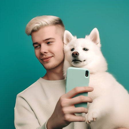 young man taking selfie with cute husky dog on turquoise backgroundの素材