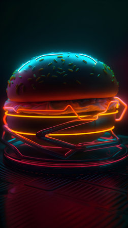 Hamburger with neon lights on dark background. 3d renderingの素材