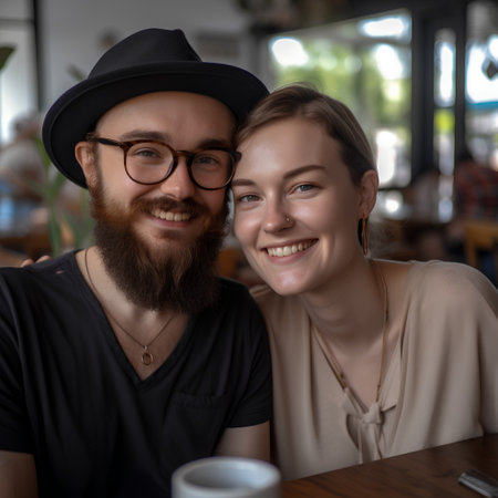 Portrait of a smiling young couple sitting in a cafe and looking at the cameraの素材